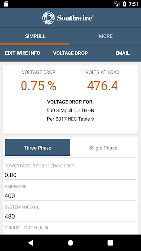 Screenshot of SIMpull 600V Calculator
