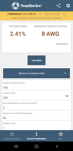 Screenshot of Southwire Voltage Drop