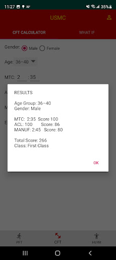 USMC 2022 PFT/CFT Calculator Screen 3