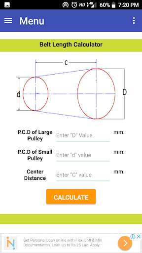 Belt length Calculator Screen 2