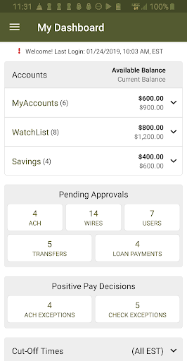 Android application Mission Bank Treasury Mgmt screenshort