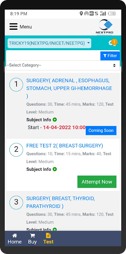 NEXTPRO APP for NEXTPG/INICET Screen 2