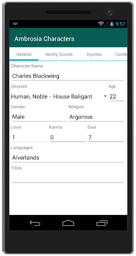 Android application Ambrosia Character Sheets screenshort