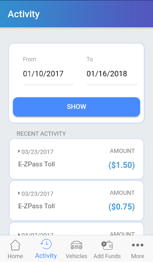 Good To Go! Tolls Screen 2