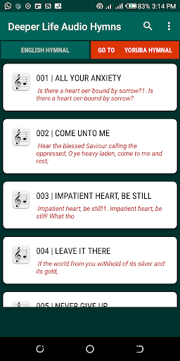 Deeper Life Audio Hymnal Screen 2