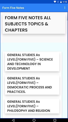 Android application Form Five notes, All subjects screenshort