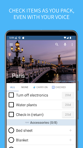 Screenshot of SmartPack - packing lists