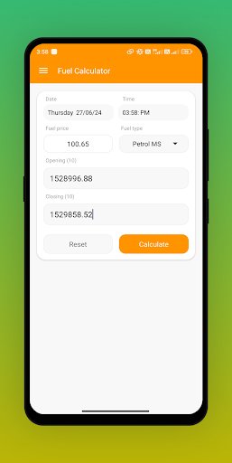 Android application Fuel Calculator Meter Reading screenshort