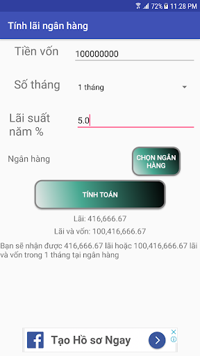 Android application Tính lãi ngân hàng - Calculate screenshort
