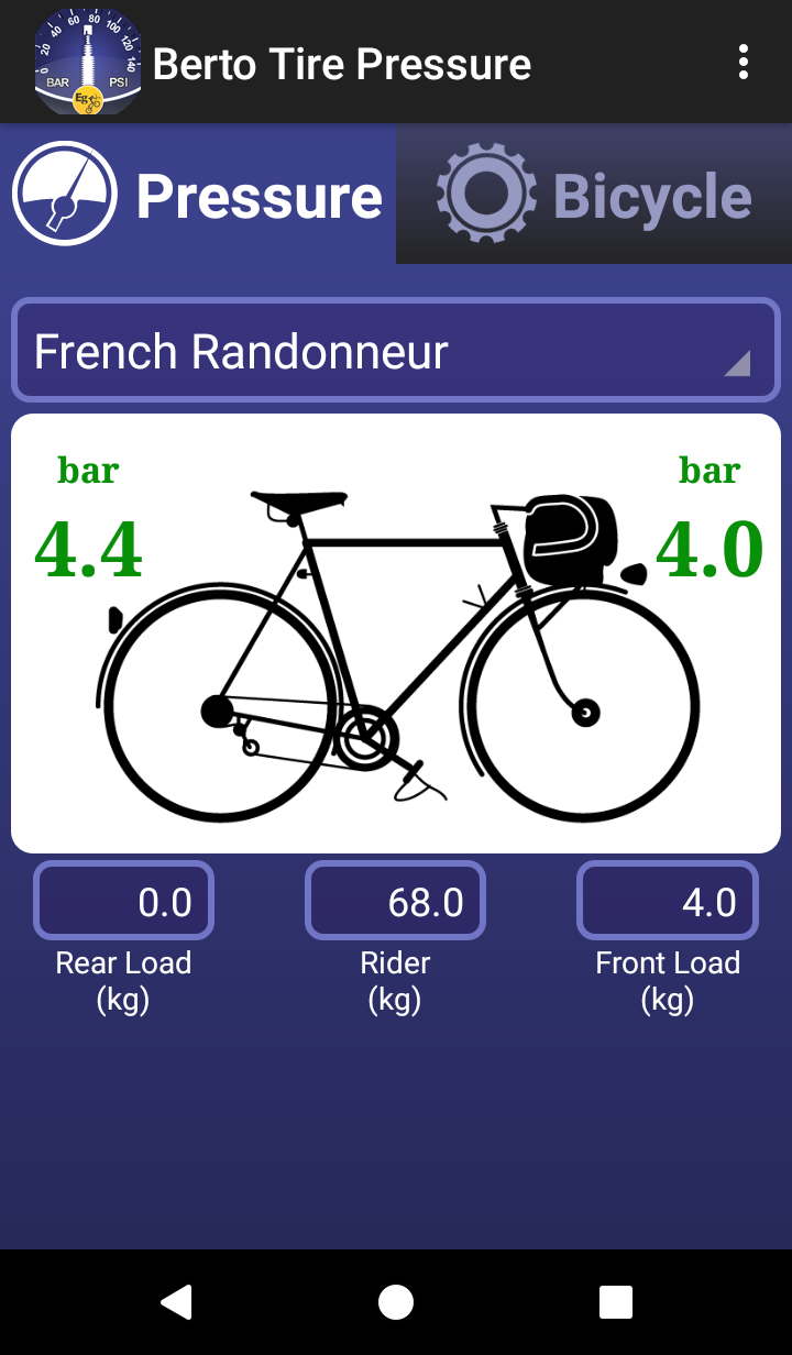 Android application Bicycle Tire Pressure Calc screenshort