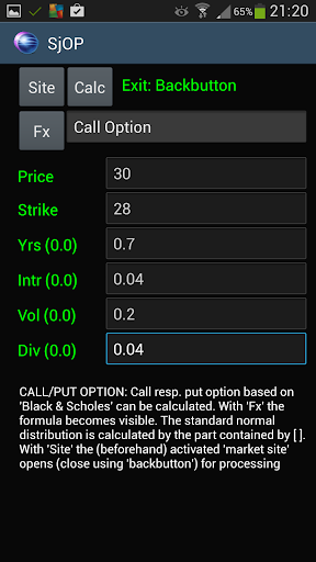 Call Put Option Calculator Screen 2