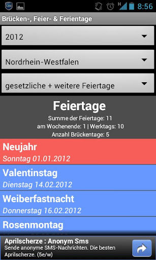 Brücken-, Feier- & Ferientage Screen 2