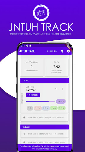 Android application JNTUH Track CGPA/SGPA/PERCENTA screenshort