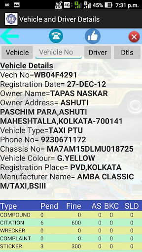 Details of Vehicle and Driver Screen 2