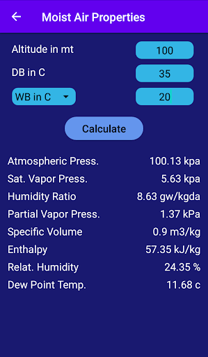 Psychrometric Calculator Screen 2