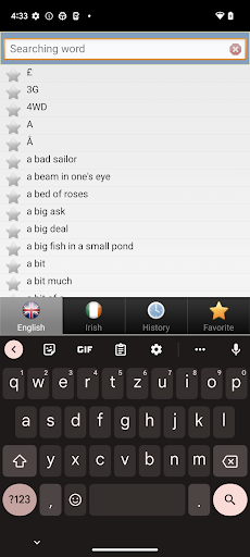 Irish foclóir Béarla Gaeilge Screen 3