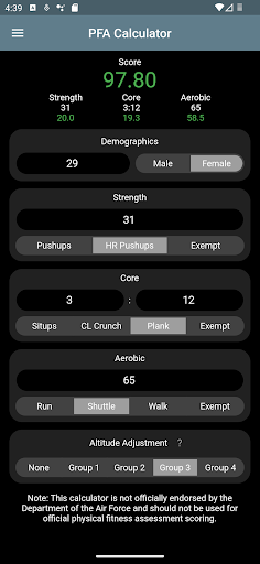 Android application USSF/USAF PFA Calculator screenshort