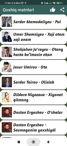 Android application Qoshiqlar matnlari screenshort