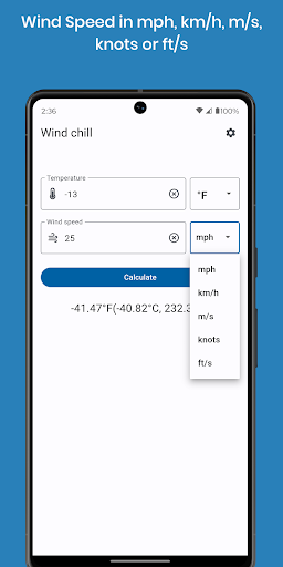 Wind chill App Screen 2