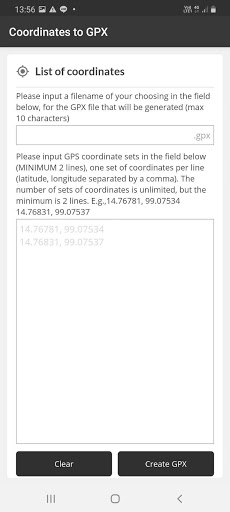 Coordinates to GPX Screen 2