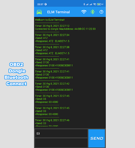 Android application ELM327 Terminal Command screenshort