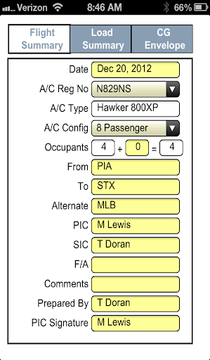 Android application eFlite Weight and Balance screenshort