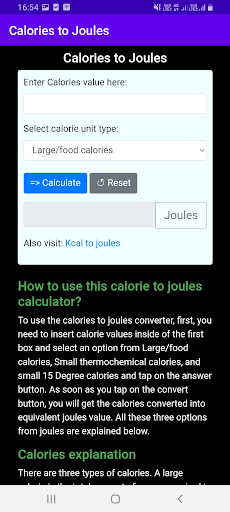 Calories to Joules Screen 2