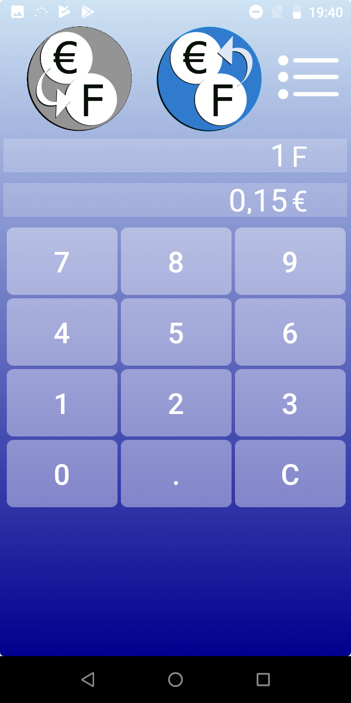 Android application French Franc Euro converter screenshort
