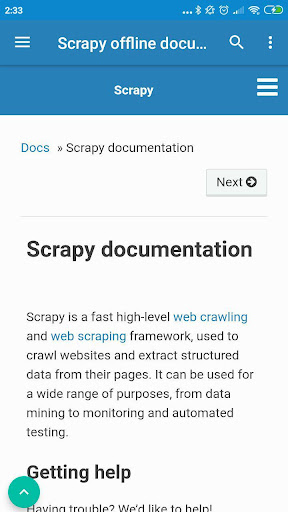 Android application Python Scrapy documentation of screenshort
