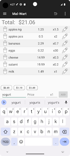 Android application Simple Shopping Calculator screenshort