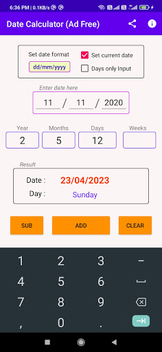 Date Calculator Add Sub days from date ad free