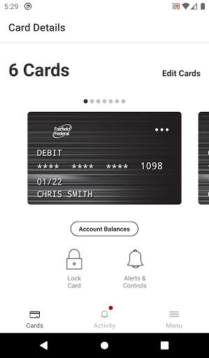 Fairfield Federal Card Control Screen 2