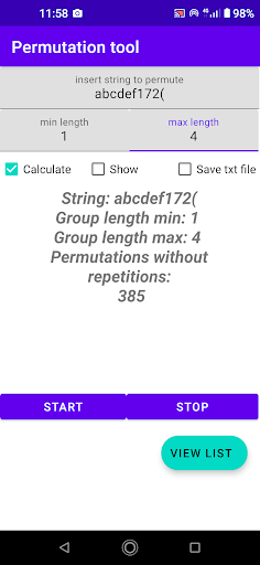 Android application Permutation tool screenshort