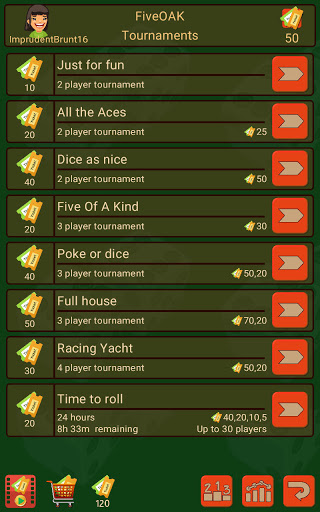 FiveOAK, yatzy dice game. Screen 2