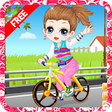 The little girl learn bicycle icon