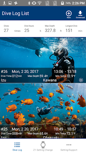 Android application Z dive log Manage & Set SCUBA screenshort