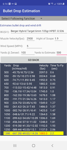 Bullet Drop Estimation Screen 2