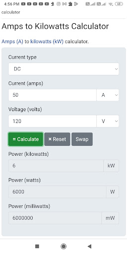 Amps to Kilowatts Calculator Screen 2