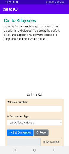 Android application Cal to KJ screenshort