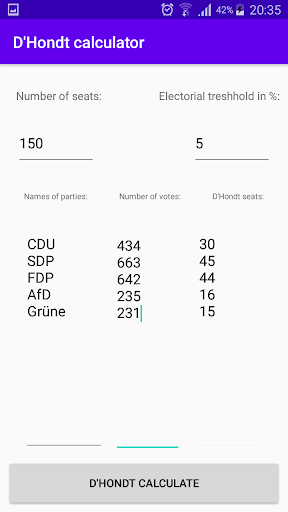 Android application D'Hondt calculator screenshort