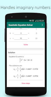 Capture d'écran du solveur d'équations quadratiques PRO