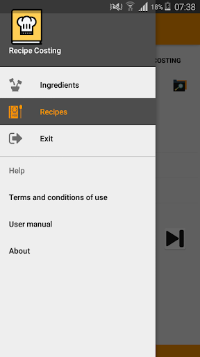 Android application Recipe Costing screenshort