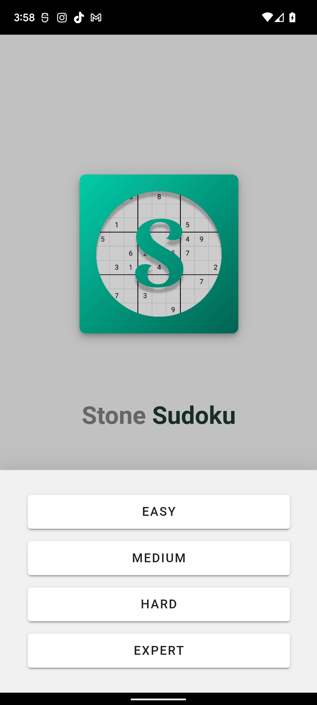 Stone Sudoku New Game Screen