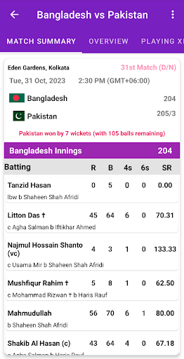 Intl. Cricket Schedule & Score Screen 3