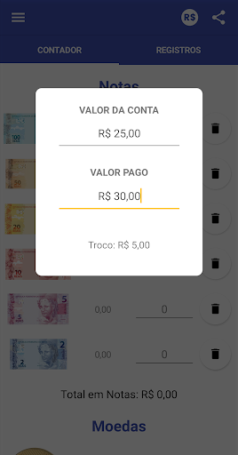 Contador de Moedas, Notas e Troco