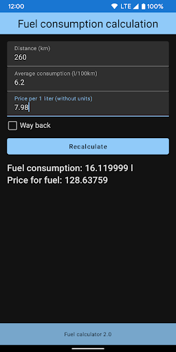 Fuel calculator Screen 3
