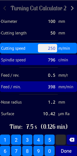 Android application Turning Cut Calculator 2 screenshort