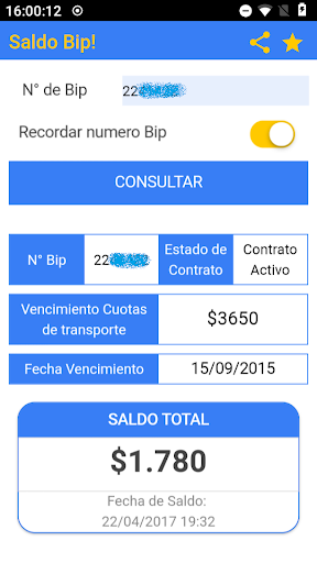 Android application Saldo Bip! screenshort