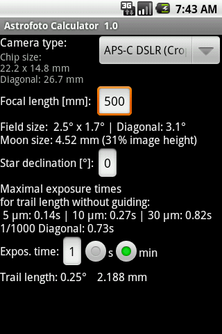 Android application Astrophoto Calculator screenshort