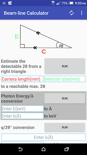 Android application Beam-line Calculator HPXRD/XRF screenshort